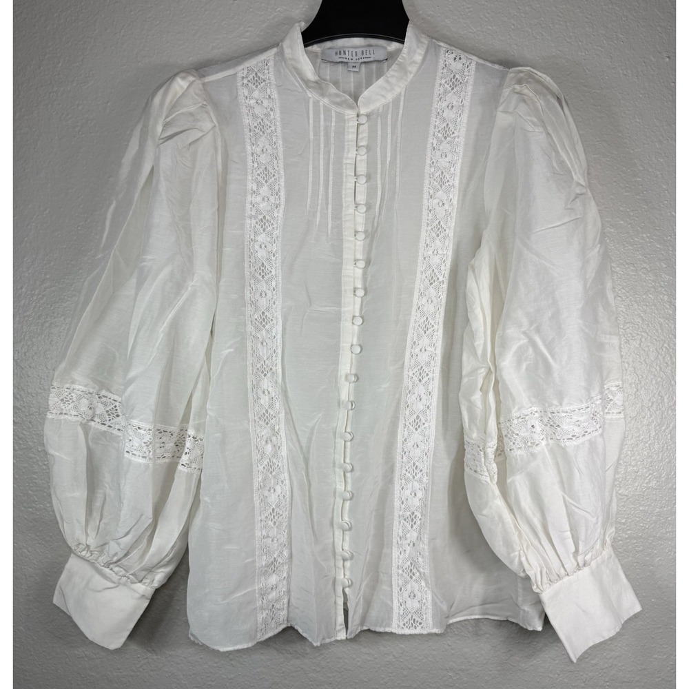 Women's White Hunter Bell blouse Size M Lace Long Puffy Sleeves Silk Blend